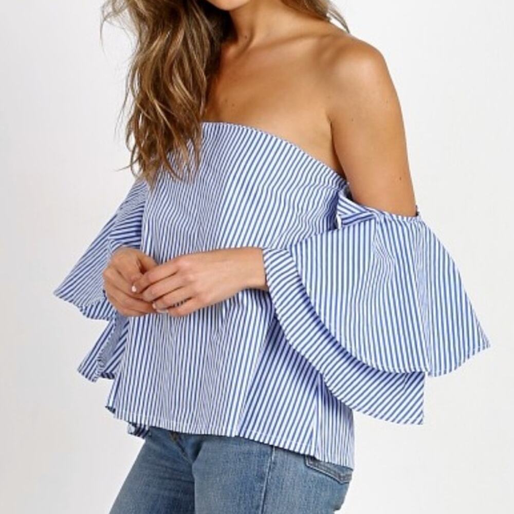 Faithfull the Brand Blouse Blue Cotton Off Shoulder Ruffle Stripe New